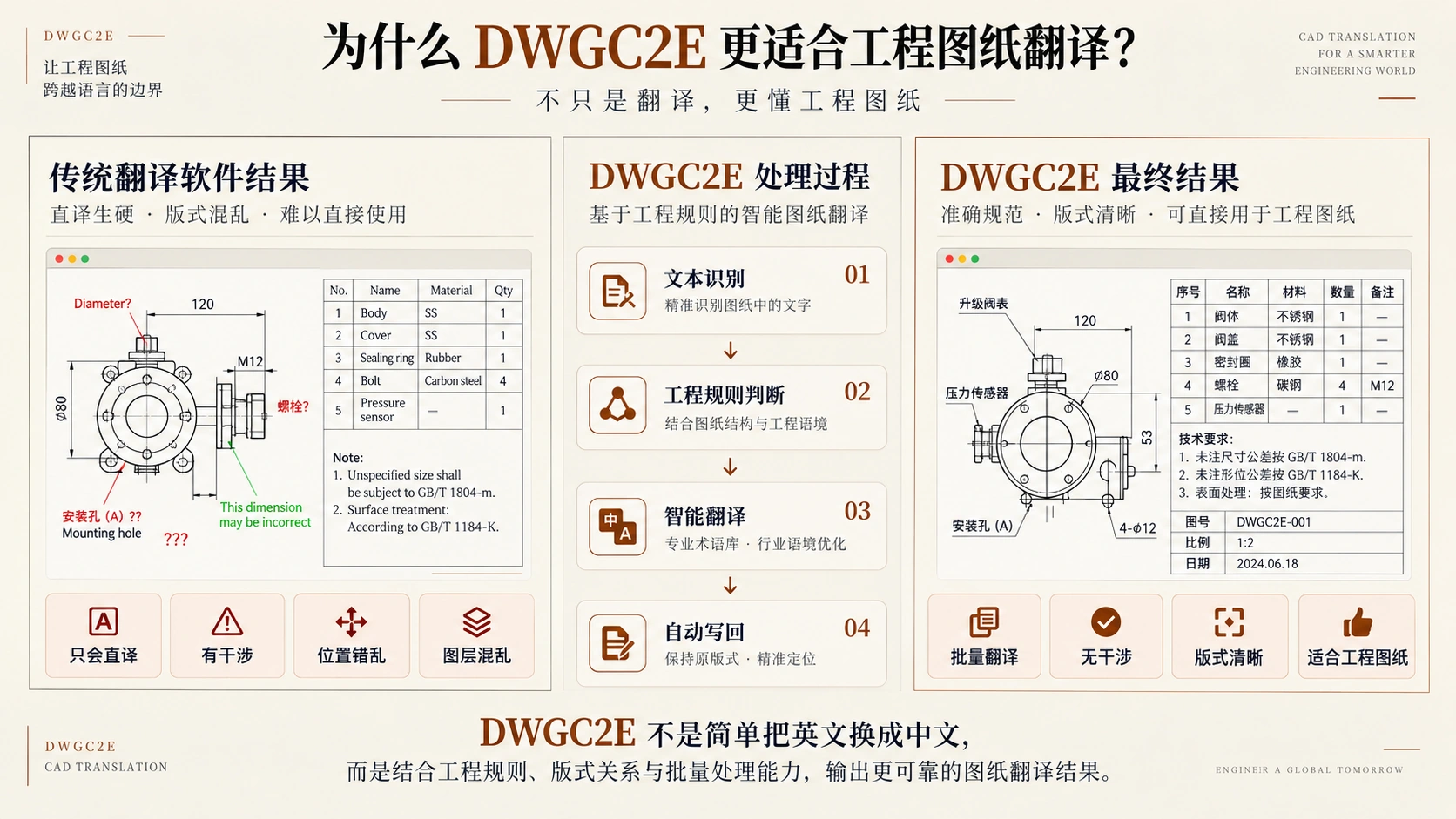 为什么 QLCAD 更适合工程图纸翻译：传统结果直译生硬、有干涉、位置错乱、图层混乱；QLCAD 经文本识别、工程规则判断、智能翻译、自动写回，输出可直接用于工程图纸